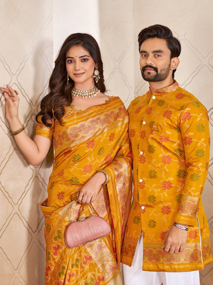 Yellow Pure Premium Patola Silk Saree With Silk Kurta Pajama Matching Couple Combo Set