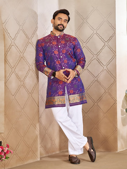 Purple Pure Premium Patola Silk Saree With Silk Kurta Pajama Matching Couple Combo Set