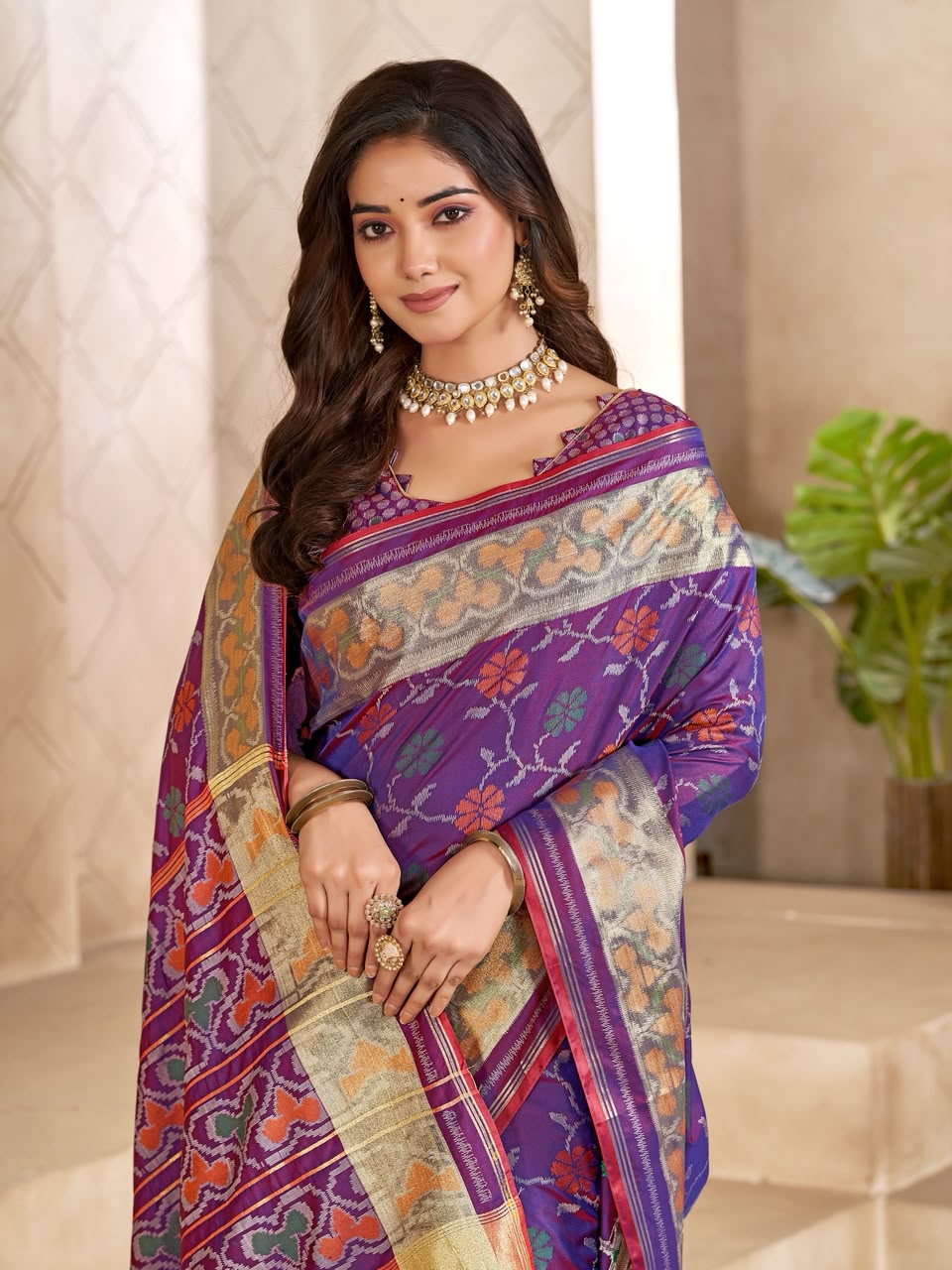 Purple Pure Premium Patola Silk Saree With Silk Kurta Pajama Matching Couple Combo Set