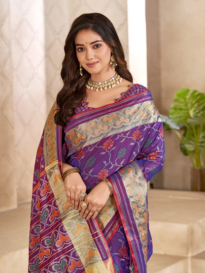 Purple Pure Premium Patola Silk Saree With Silk Kurta Pajama Matching Couple Combo Set