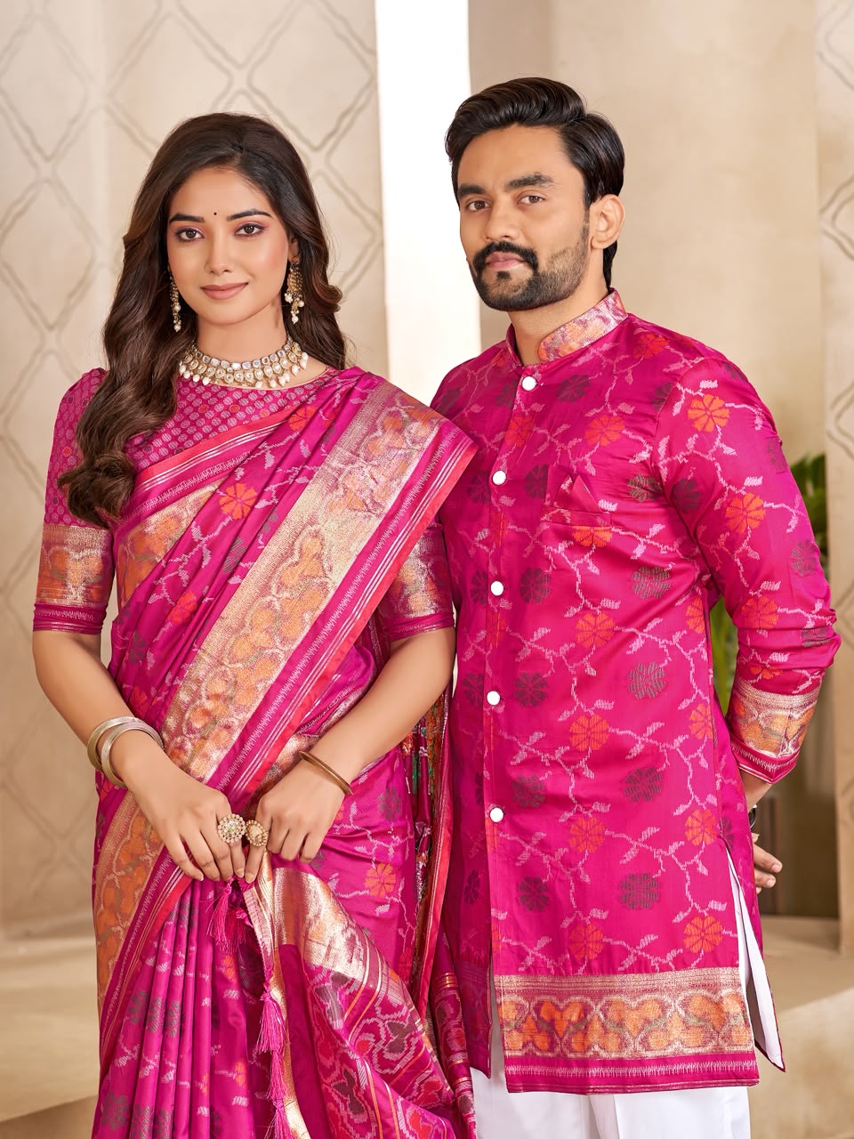 Pink Pure Premium Patola Silk Saree With Silk Kurta Pajama Matching Couple Combo Set