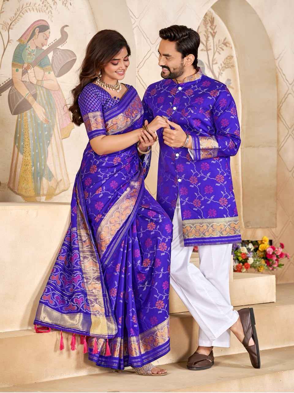 Blue Pure Premium Patola Silk Saree With Silk Kurta Pajama Matching Couple Combo Set