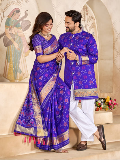 Blue Pure Premium Patola Silk Saree With Silk Kurta Pajama Matching Couple Combo Set