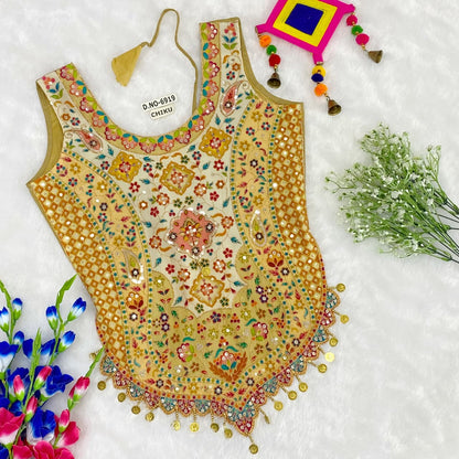 Yellow Pure Cotton Heavy Stitching Premium Padding Work Navratri Top Style Blouse