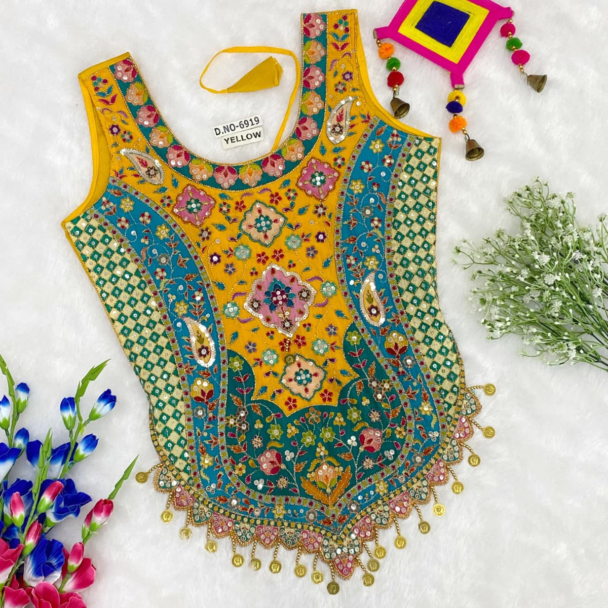 Yellow Pure Cotton Heavy Stitching Premium Padding Work Navratri Top Style Blouse
