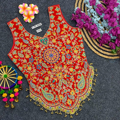 Red Pure Cotton Heavy Stitching Premium Padding Work Navratri Top Style Blouse