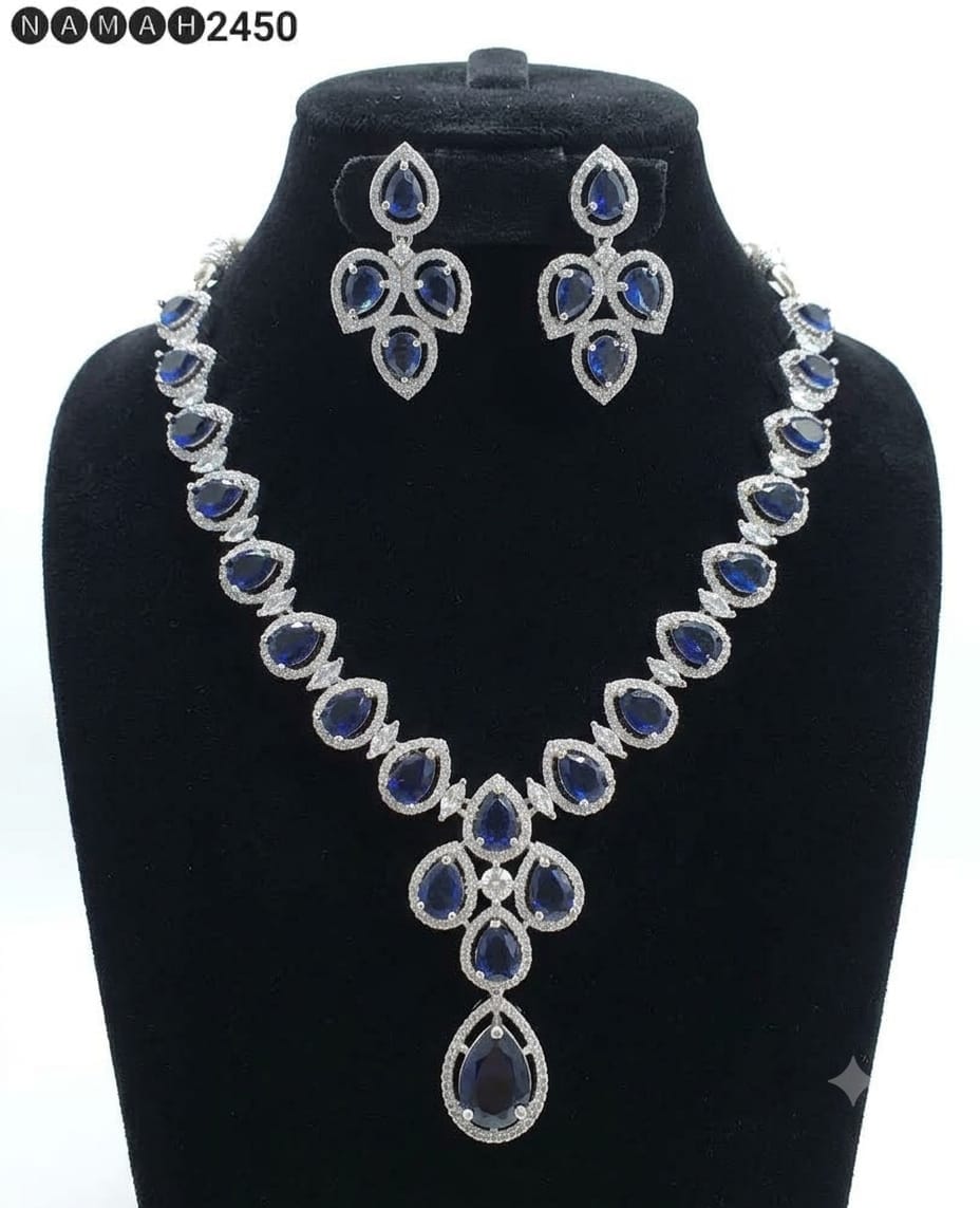 Blue American Diamond Necklace Jewellery Set