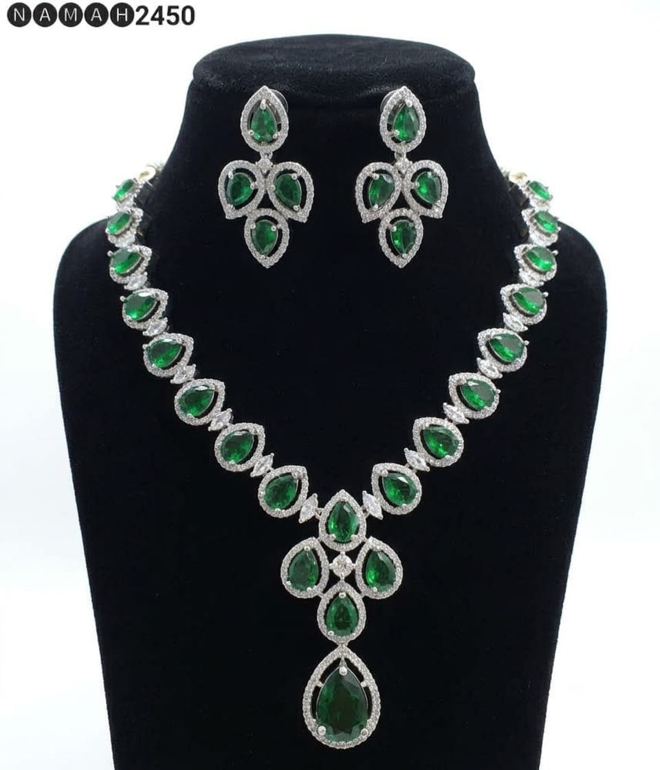 Green American Diamond Necklace Jewellery Set