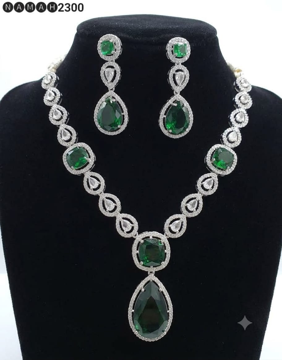 Green American Diamond Necklace Jewellery Set