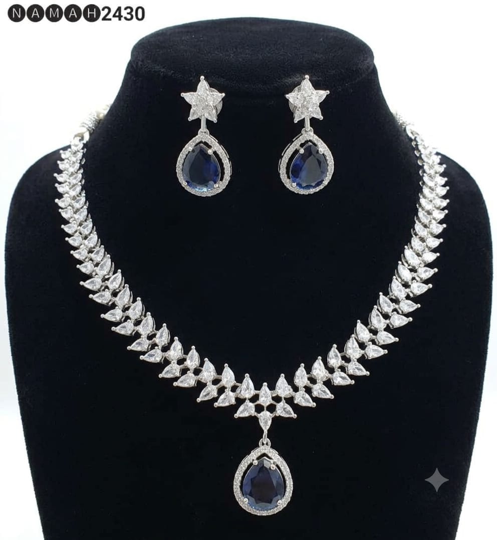 Blue &amp; White American Diamond Necklace Jewellery Set