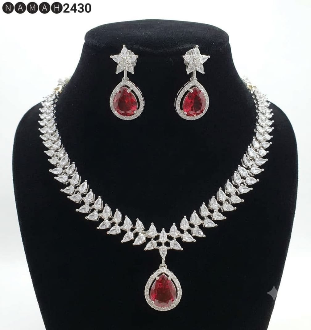 Red &amp; White American Diamond Necklace Jewellery Set