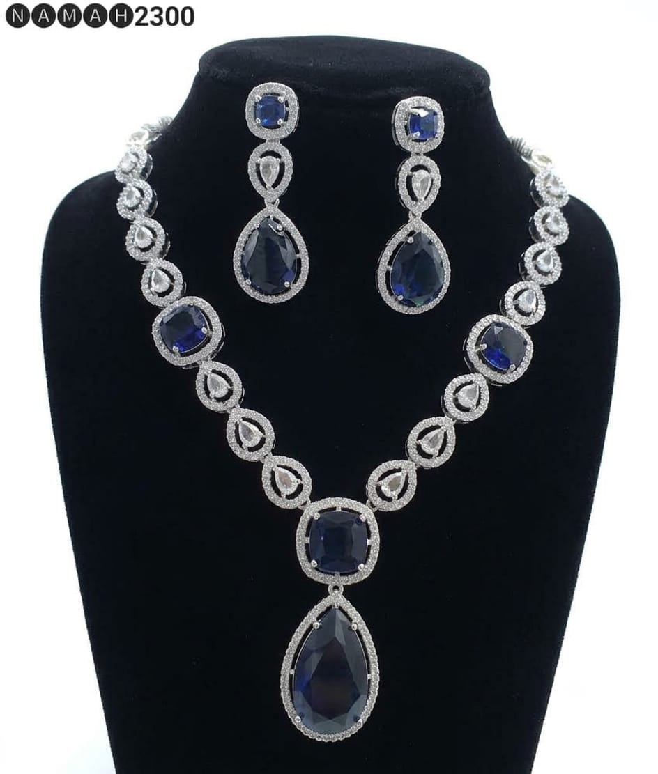 Blue American Diamond Necklace Jewellery Set