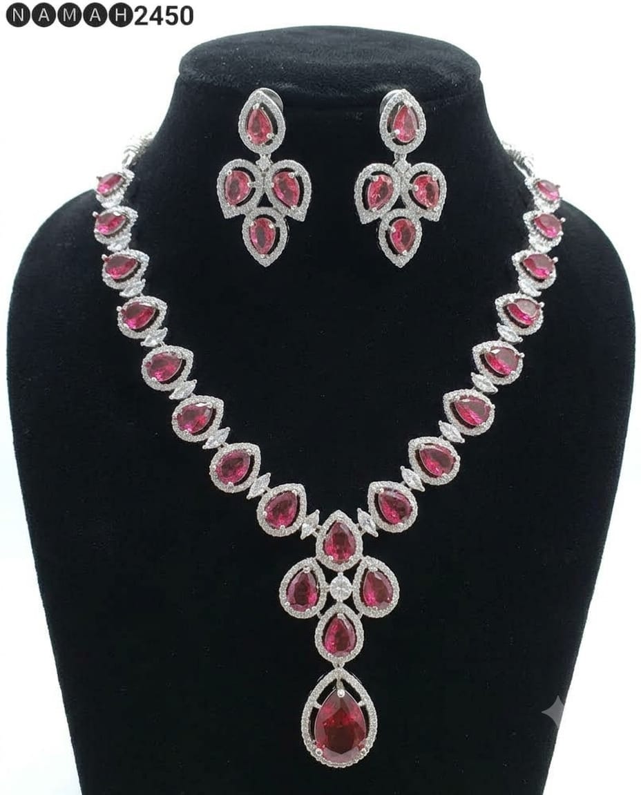Red American Diamond Necklace Jewellery Set