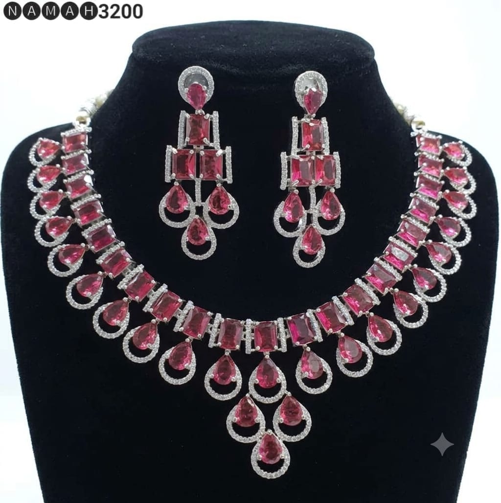 Red &amp; White American Diamond Necklace Jewellery Set