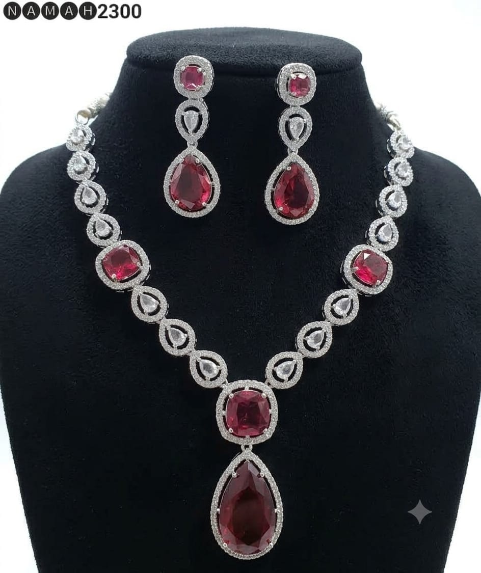 Red American Diamond Necklace Jewellery Set