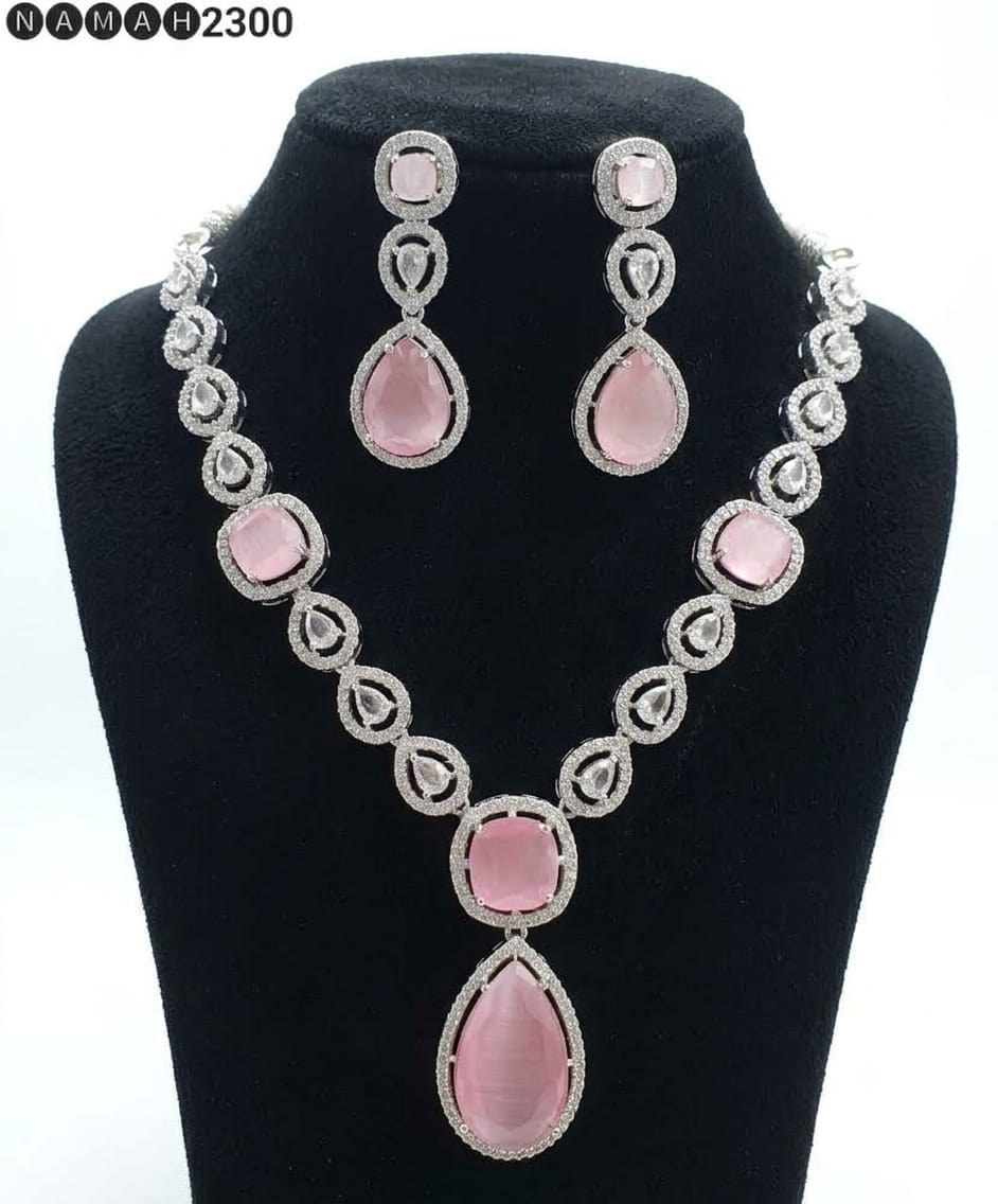 Pink American Diamond Necklace Jewellery Set