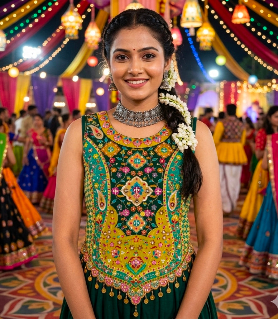 Green Pure Cotton Heavy Stitching Premium Padding Work Navratri Top Style Blouse