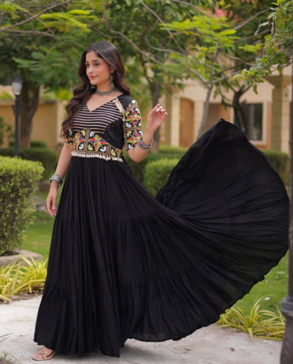 Black Pure Cotton Gotta Designs Printed Real Mirror Work Lehenga Choli
