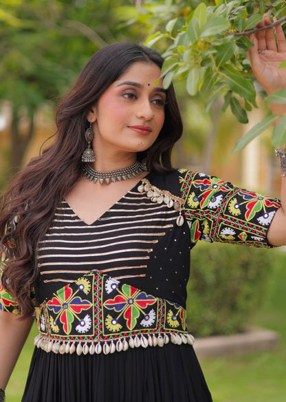 Black Pure Cotton Gotta Designs Printed Real Mirror Work Lehenga Choli