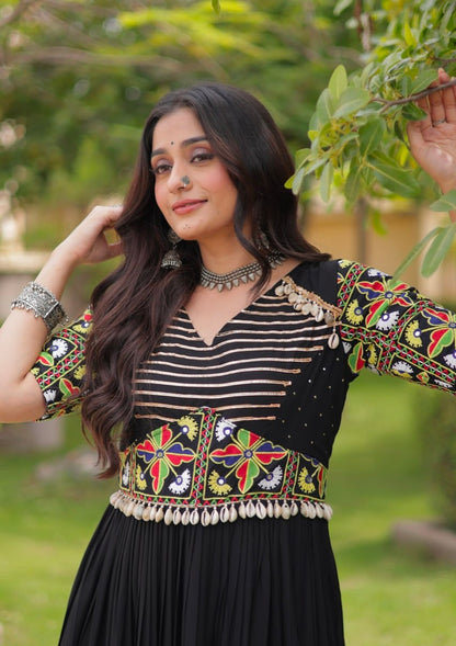 Black Pure Cotton Gotta Designs Printed Real Mirror Work Lehenga Choli