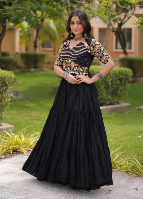 Black Pure Cotton Gotta Designs Printed Real Mirror Work Lehenga Choli