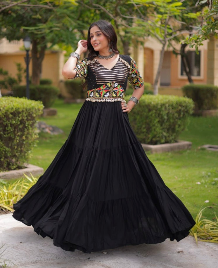 Black Pure Cotton Gotta Designs Printed Real Mirror Work Lehenga Choli