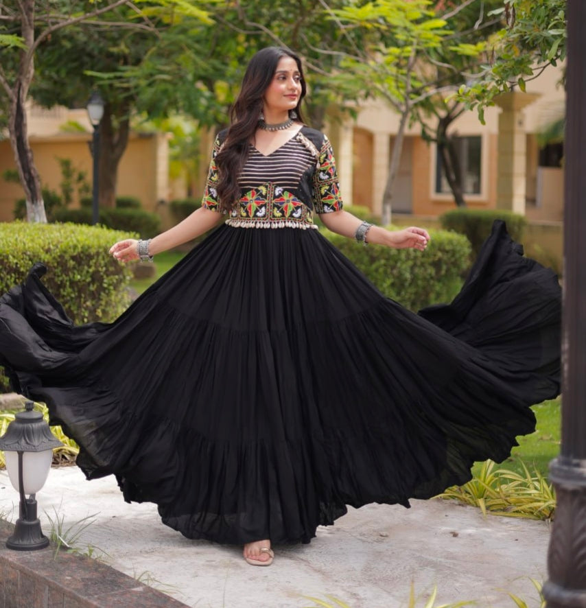 Black Pure Cotton Gotta Designs Printed Real Mirror Work Lehenga Choli