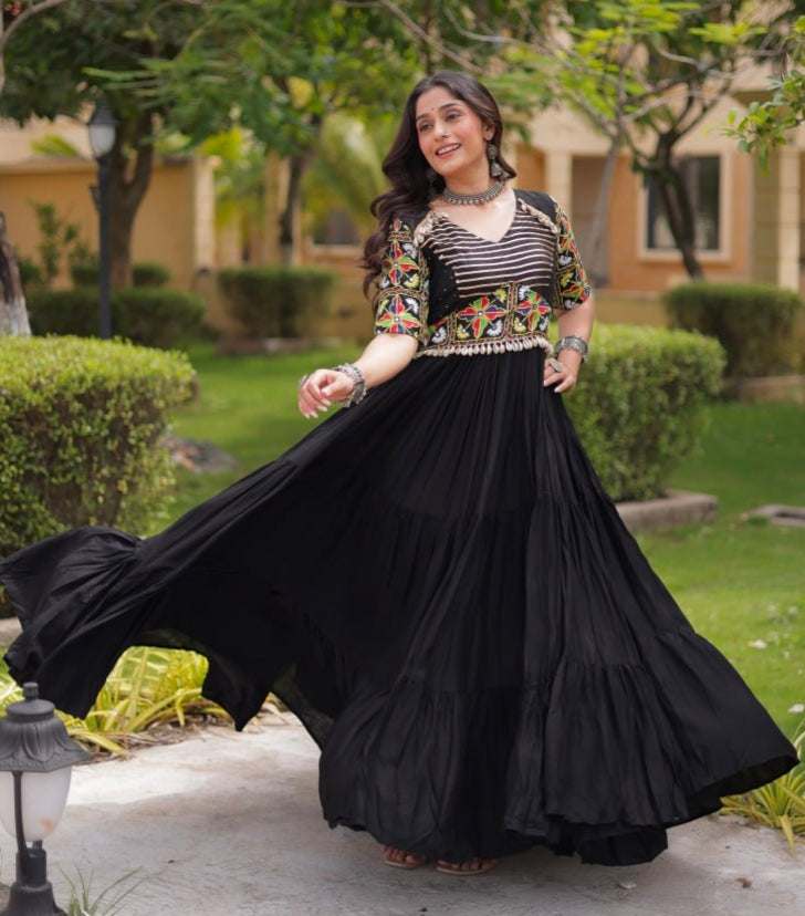 Black Pure Cotton Gotta Designs Printed Real Mirror Work Lehenga Choli