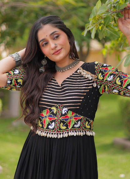 Black Pure Cotton Gotta Designs Printed Real Mirror Work Lehenga Choli
