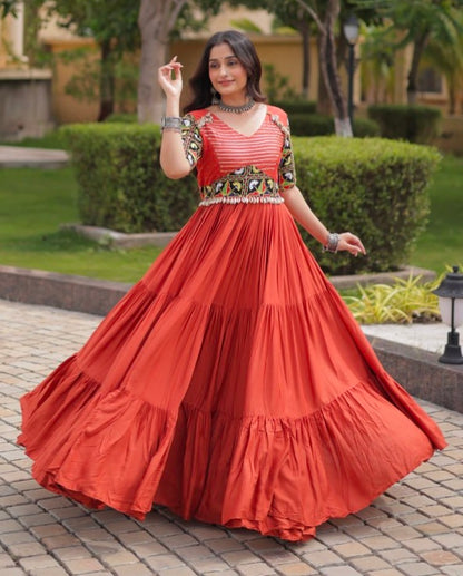 Rust Pure Cotton Gotta Designs Printed Real Mirror Work Lehenga Choli