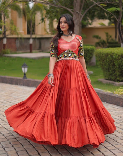 Rust Pure Cotton Gotta Designs Printed Real Mirror Work Lehenga Choli