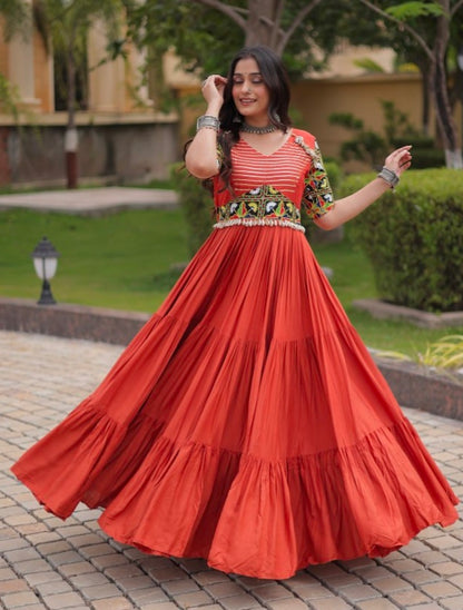 Rust Pure Cotton Gotta Designs Printed Real Mirror Work Lehenga Choli