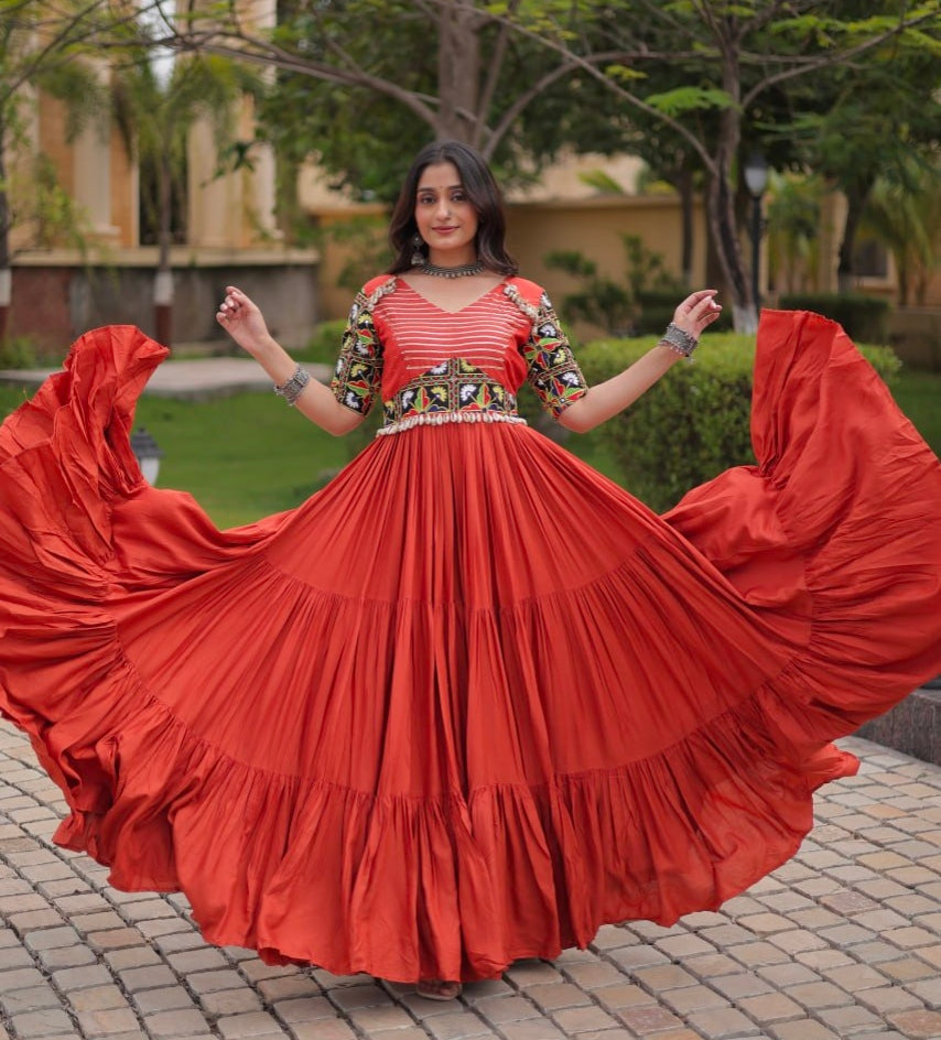 Rust Pure Cotton Gotta Designs Printed Real Mirror Work Lehenga Choli