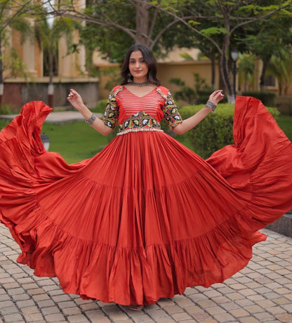 Rust Pure Cotton Gotta Designs Printed Real Mirror Work Lehenga Choli