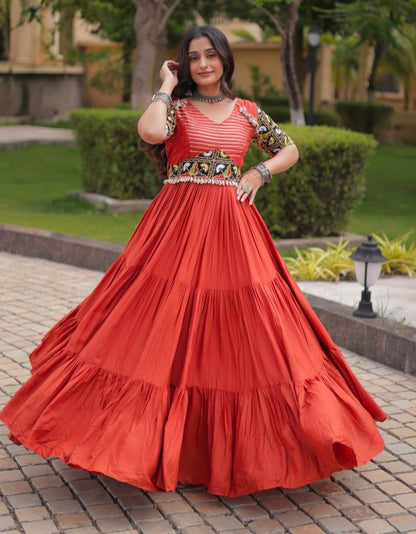 Rust Pure Cotton Gotta Designs Printed Real Mirror Work Lehenga Choli