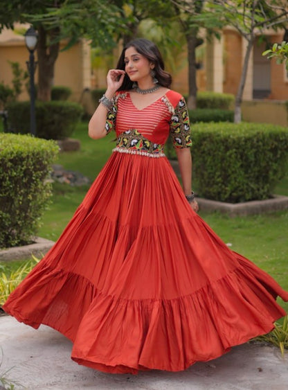 Rust Pure Cotton Gotta Designs Printed Real Mirror Work Lehenga Choli