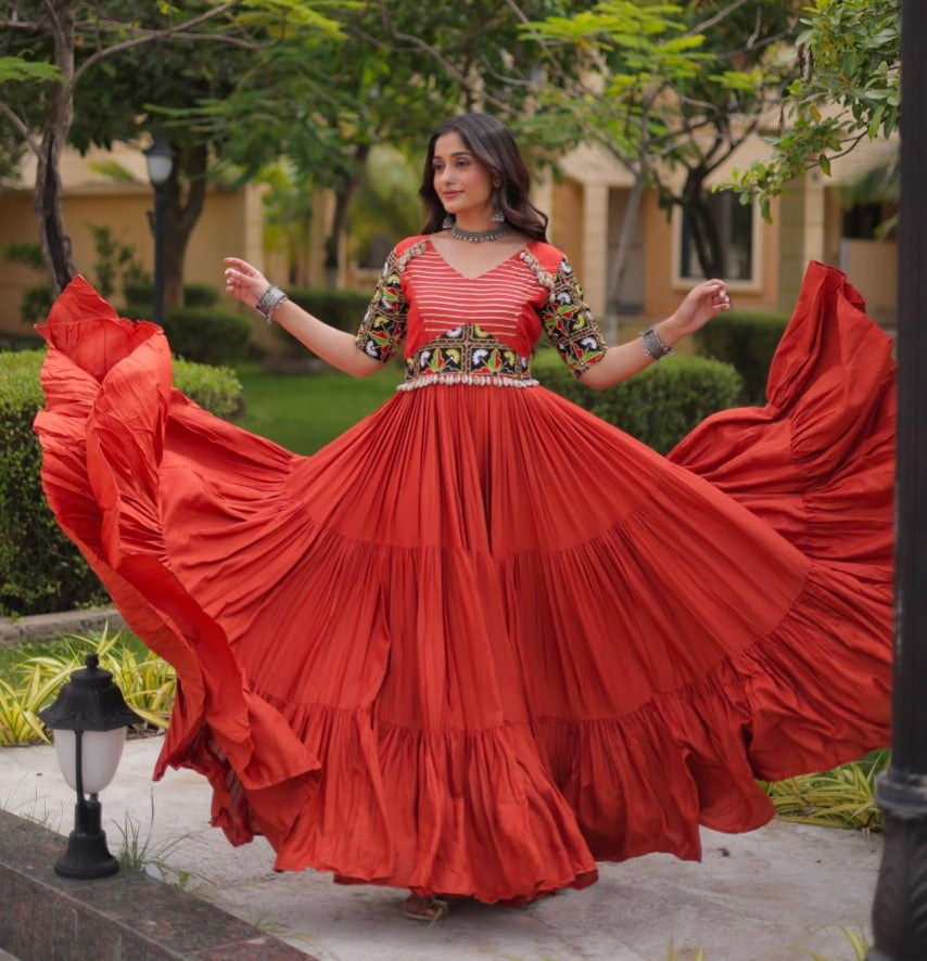 Rust Pure Cotton Gotta Designs Printed Real Mirror Work Lehenga Choli