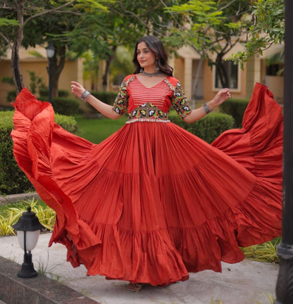 Rust Pure Cotton Gotta Designs Printed Real Mirror Work Lehenga Choli