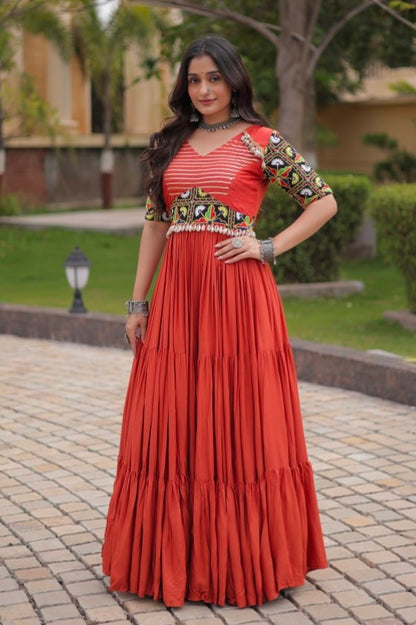Rust Pure Cotton Gotta Designs Printed Real Mirror Work Lehenga Choli