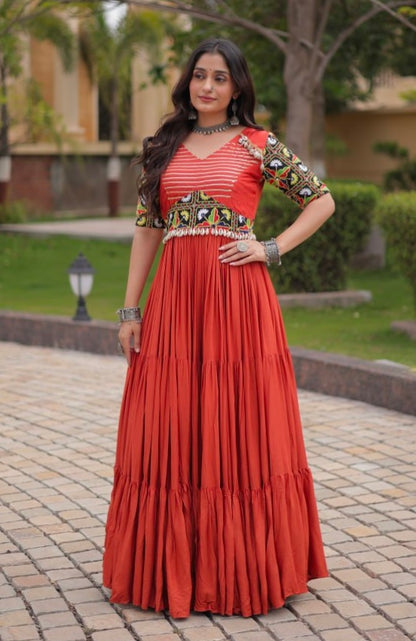 Rust Pure Cotton Gotta Designs Printed Real Mirror Work Lehenga Choli