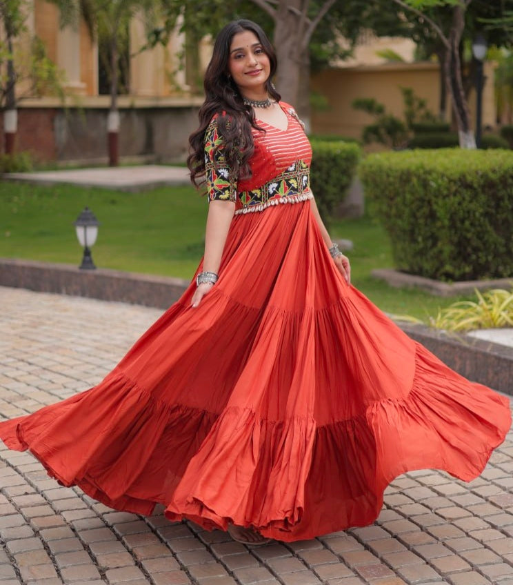 Rust Pure Cotton Gotta Designs Printed Real Mirror Work Lehenga Choli