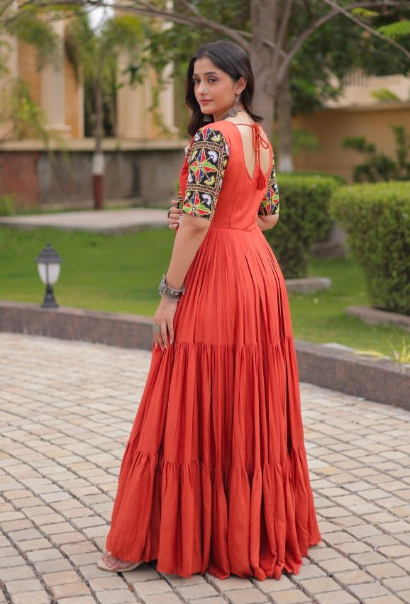 Rust Pure Cotton Gotta Designs Printed Real Mirror Work Lehenga Choli