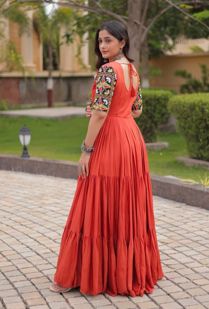 Rust Pure Cotton Gotta Designs Printed Real Mirror Work Lehenga Choli