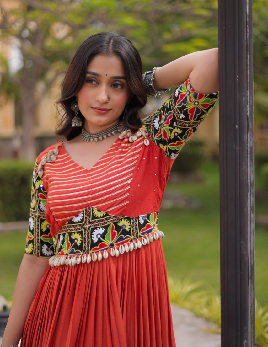 Rust Pure Cotton Gotta Designs Printed Real Mirror Work Lehenga Choli