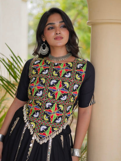 Black Pure Cotton With Gamthi Thread Embroidered Work Lehenga Choli