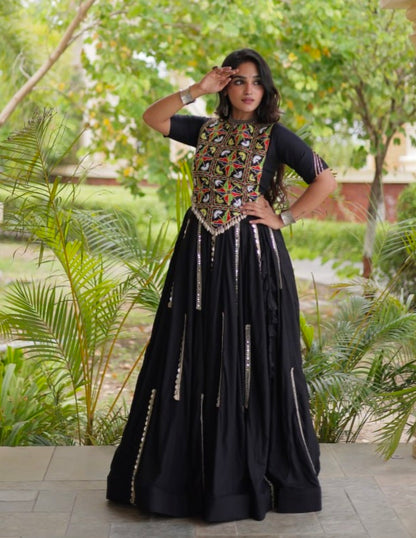 Black Pure Cotton With Gamthi Thread Embroidered Work Lehenga Choli