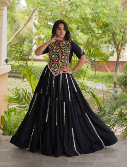 Black Pure Cotton With Gamthi Thread Embroidered Work Lehenga Choli