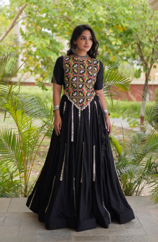 Black Pure Cotton With Gamthi Thread Embroidered Work Lehenga Choli