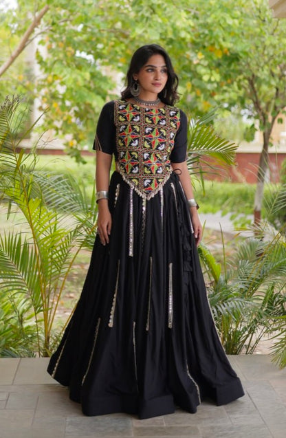Black Pure Cotton With Gamthi Thread Embroidered Work Lehenga Choli
