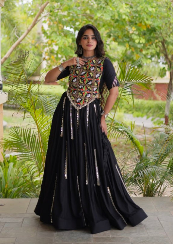 Black Pure Cotton With Gamthi Thread Embroidered Work Lehenga Choli